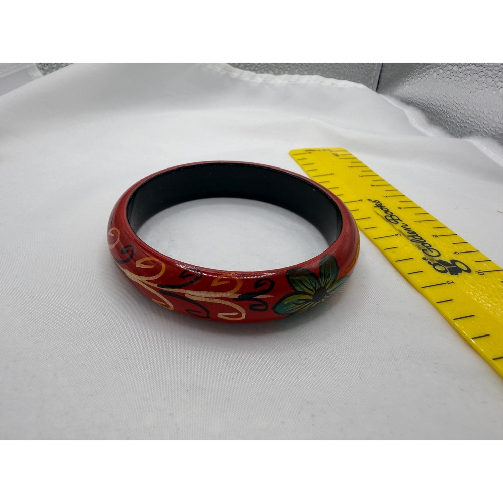 Vintage Hand Painted Floral Wood Bangle Bracelet Red Green Yellow Boho Artisan